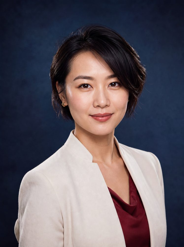 女性形象照样片，米白西装配酒红内搭，深蓝背景